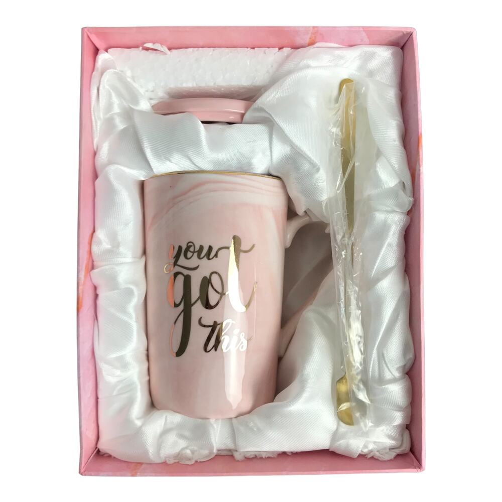 Present Of Star Mug Gift Set "You Got This" Pink Marble Ceramic Brass Spoon NWB